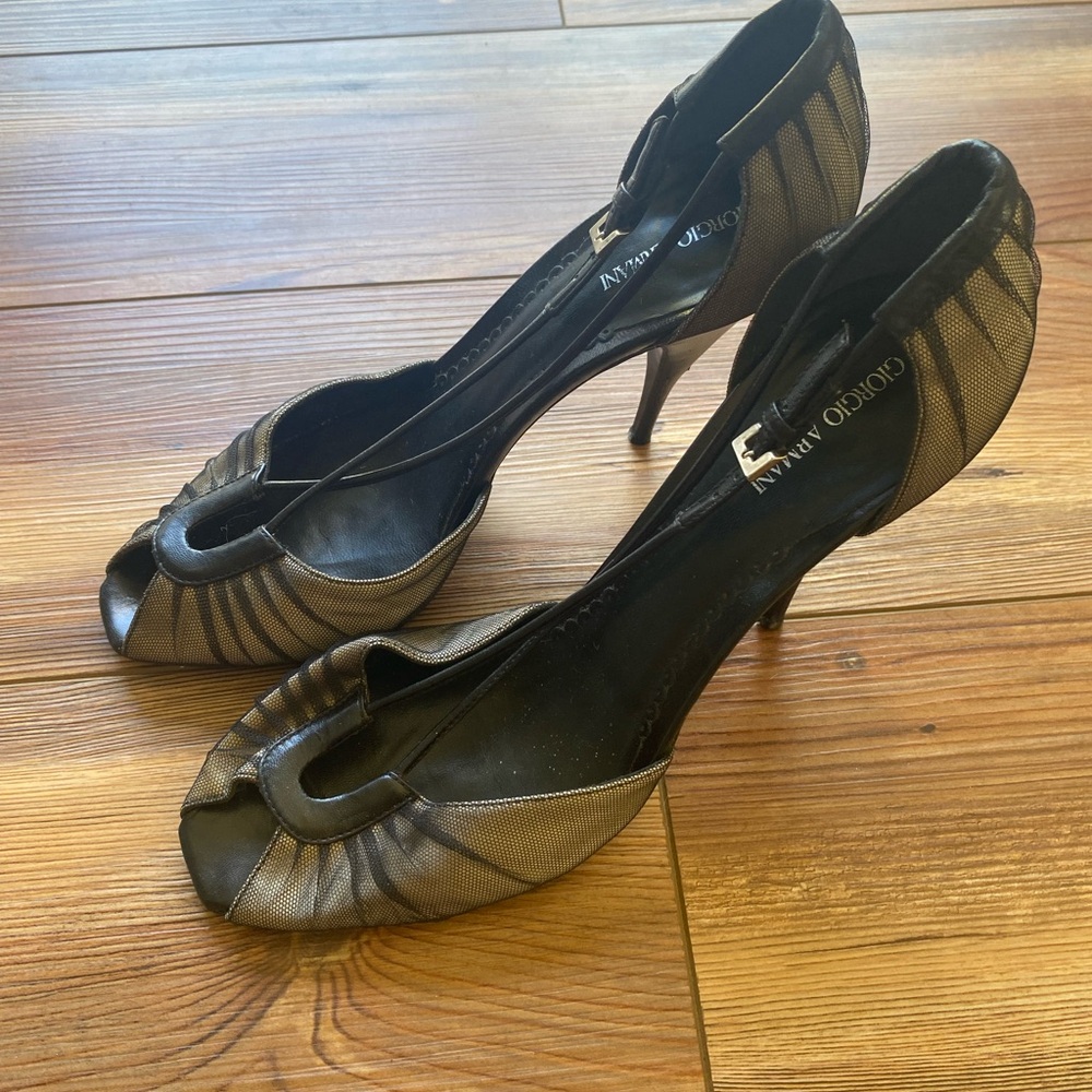 Giorgio Armani Black and Gold Peep-Toe Heels